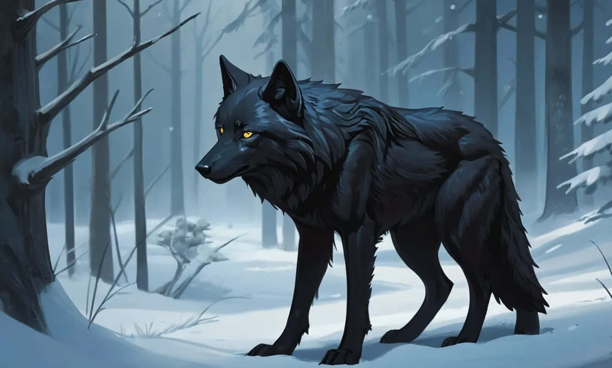 Majestic Black Wolfin Snowy Forest Wallpaper