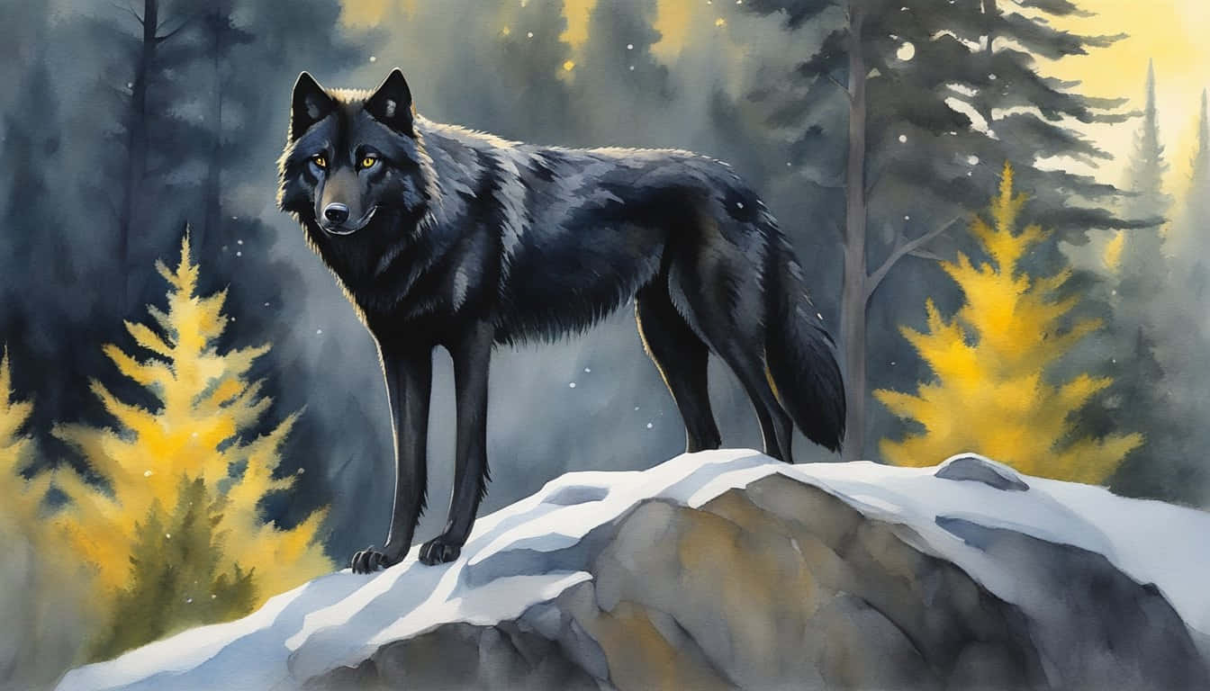 Majestic Black Wolfin Winter Forest Wallpaper