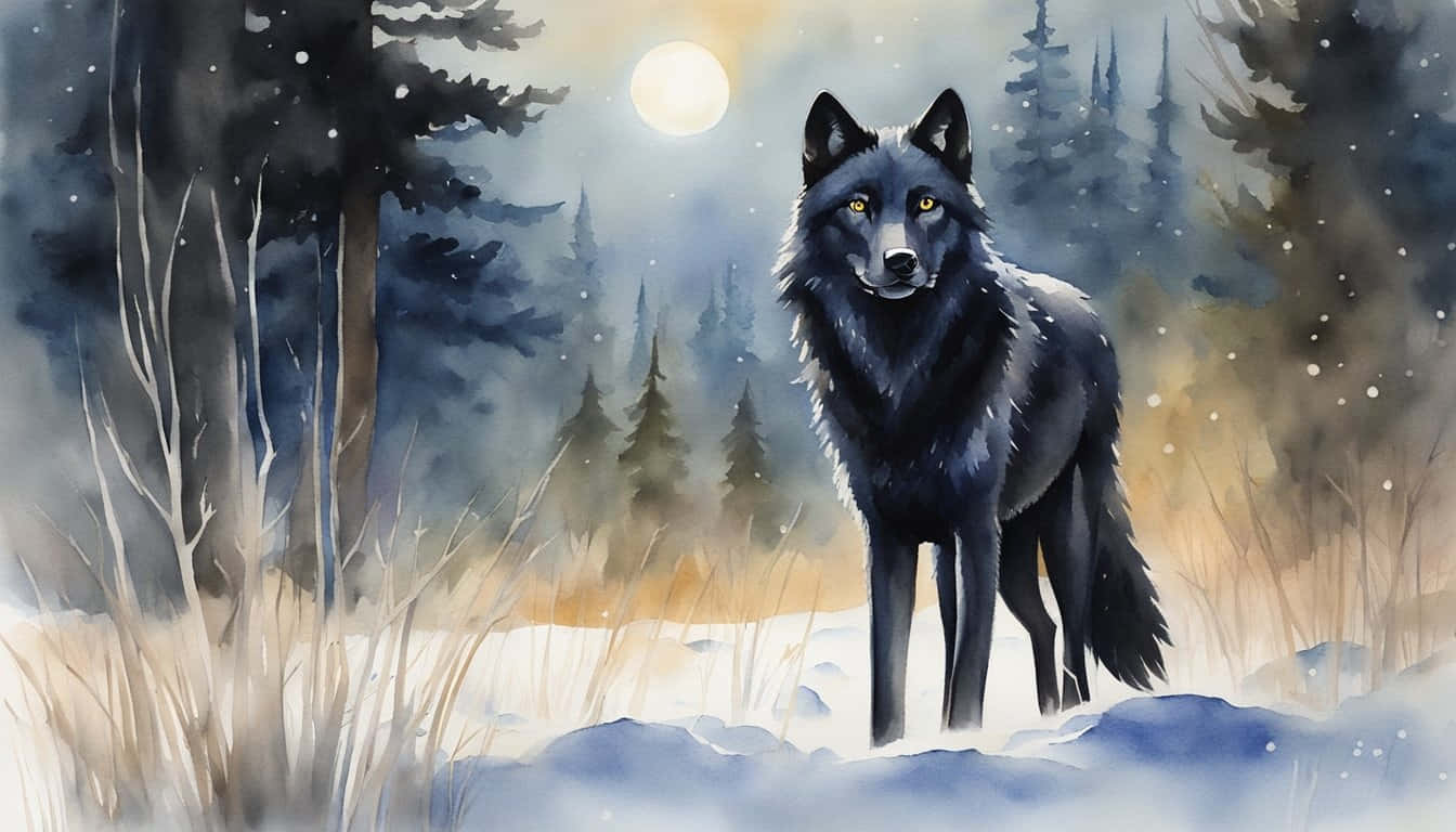 Majestic Black Wolfin Winter Landscape Wallpaper