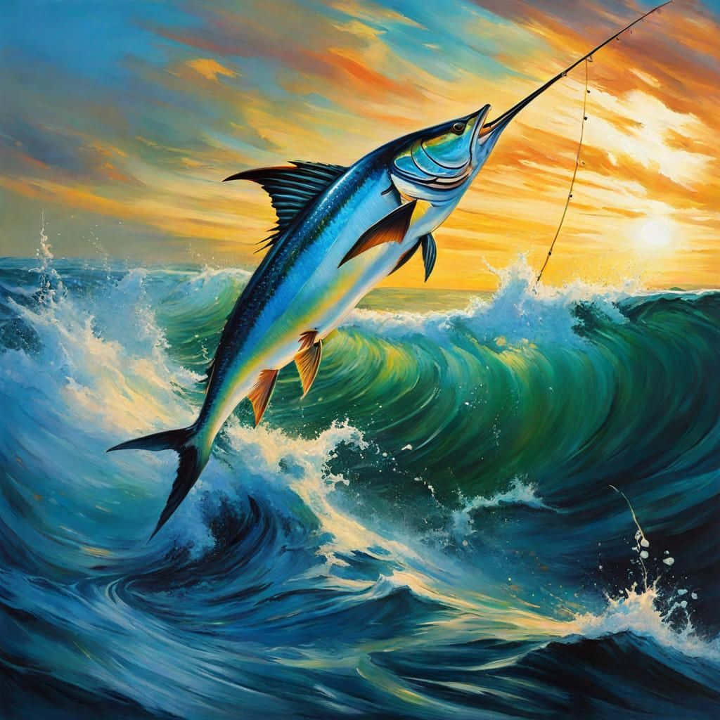 Majestic Blue Marlin Leapingat Sunset Wallpaper