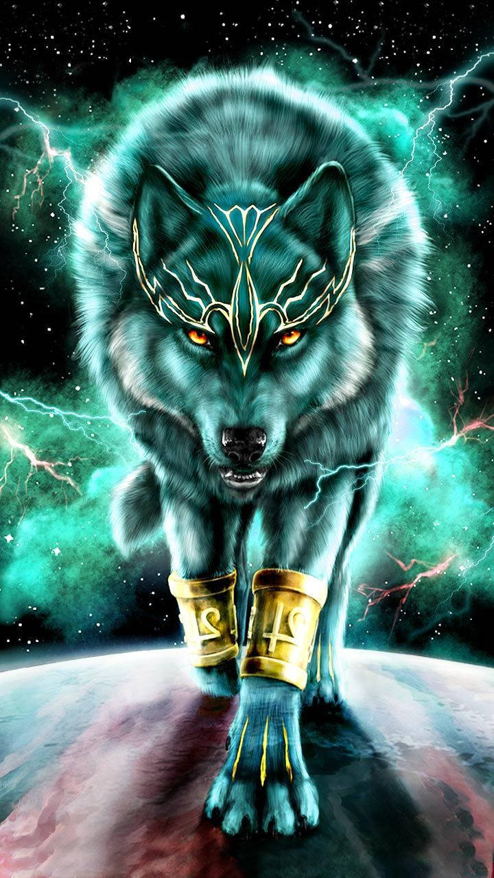 Majestic Blue Wolf Adorned In A Gold Headdress Wallpaper