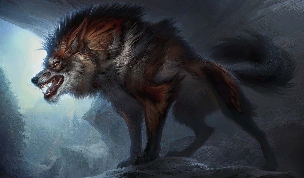 Majestic Dire Wolf In A Mystical Forest Wallpaper