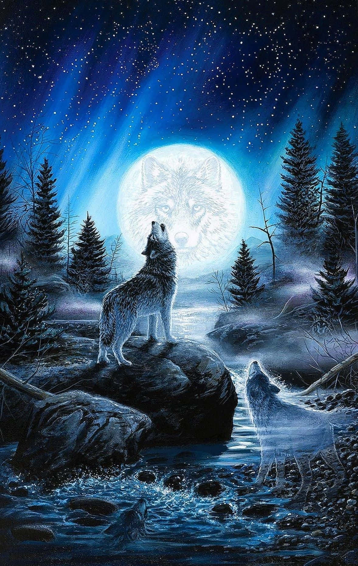 Majestic Howling Wolf In A Night Forest Wallpaper