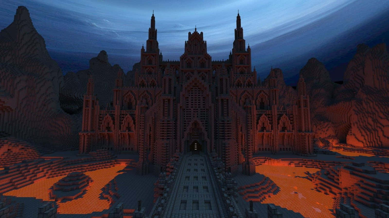 Majestic Minecraft Castle At Sunset Wallpaper