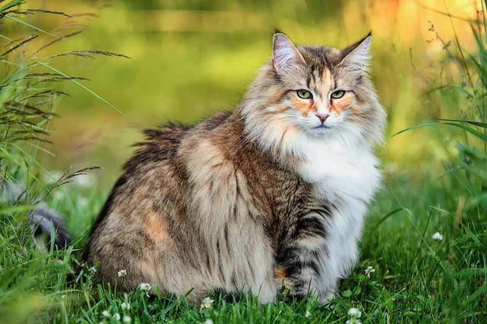 Majestic Norwegian Forest Cat Relaxing Outdoors Wallpaper