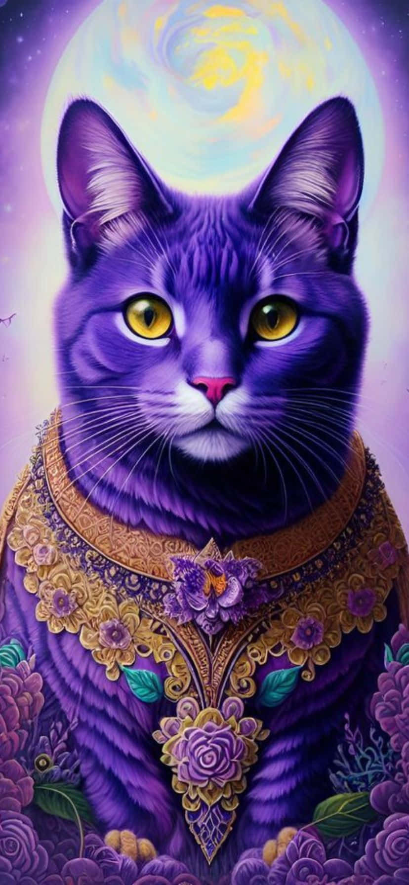 Majestic Purple Cat Moonlight Wallpaper