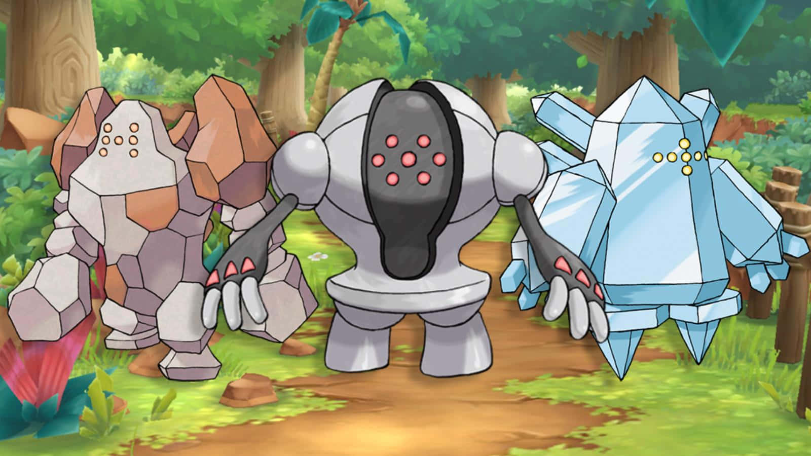 Majestic Regirock, Regice, And Registeel In A Serene Forest Setting Wallpaper