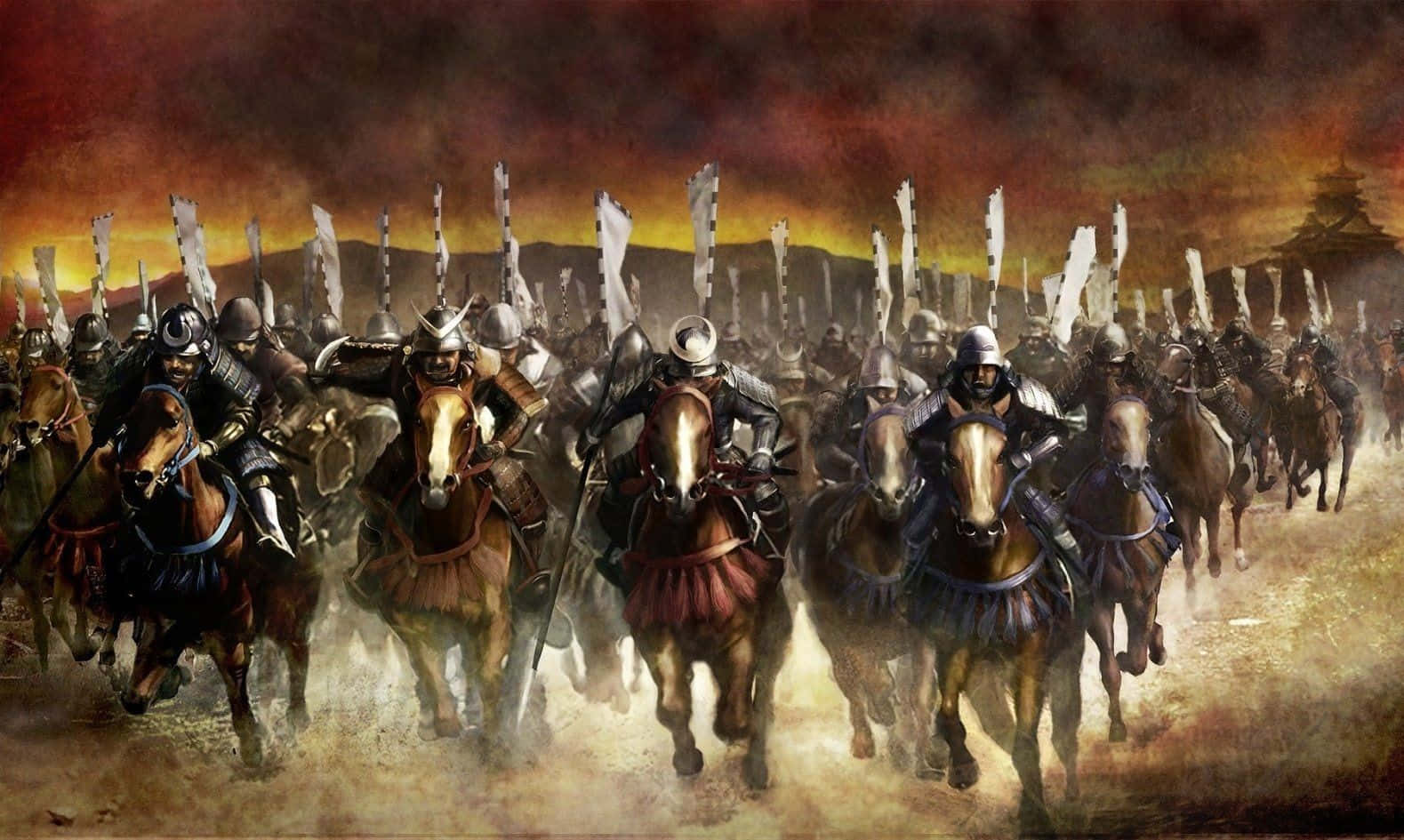 Majestic Shogun Mounted On Horse In Battle Wallpaper