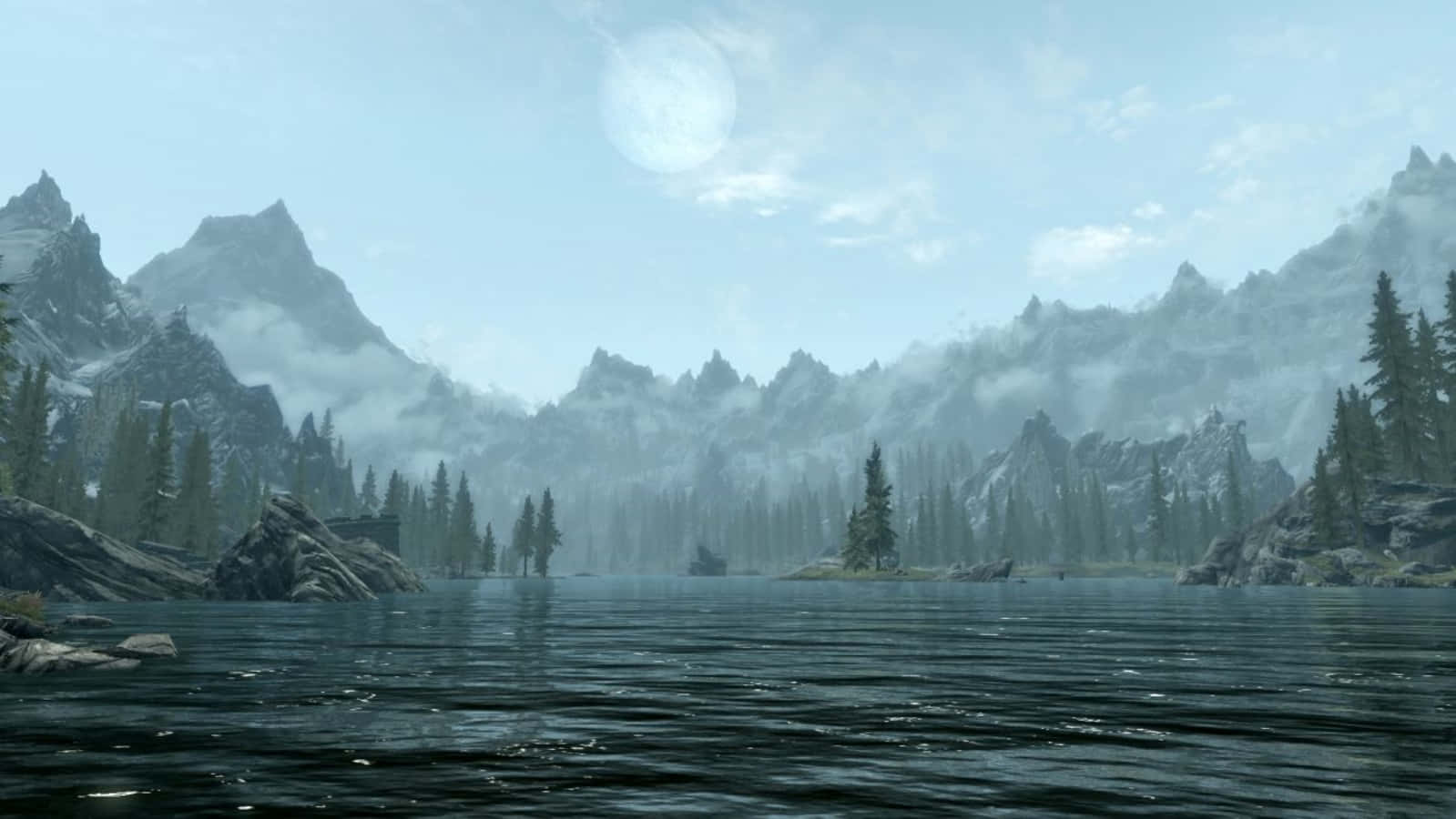 Majestic Skyrim Landscape At Sunset Wallpaper