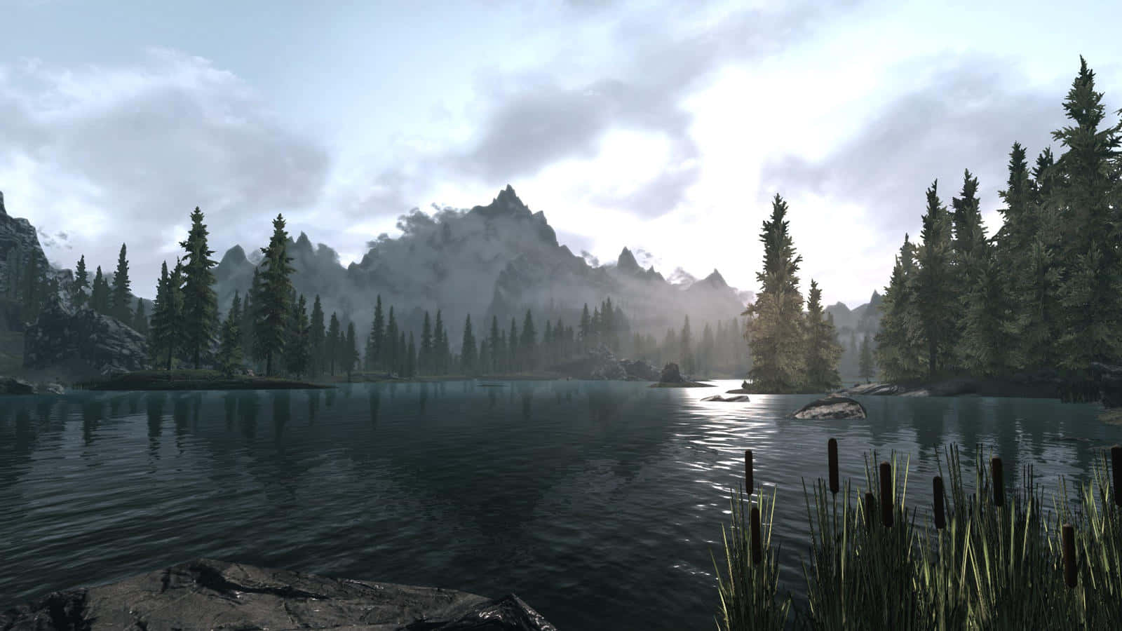 Majestic Skyrim Landscape With A View Of Aurora Borealis Wallpaper