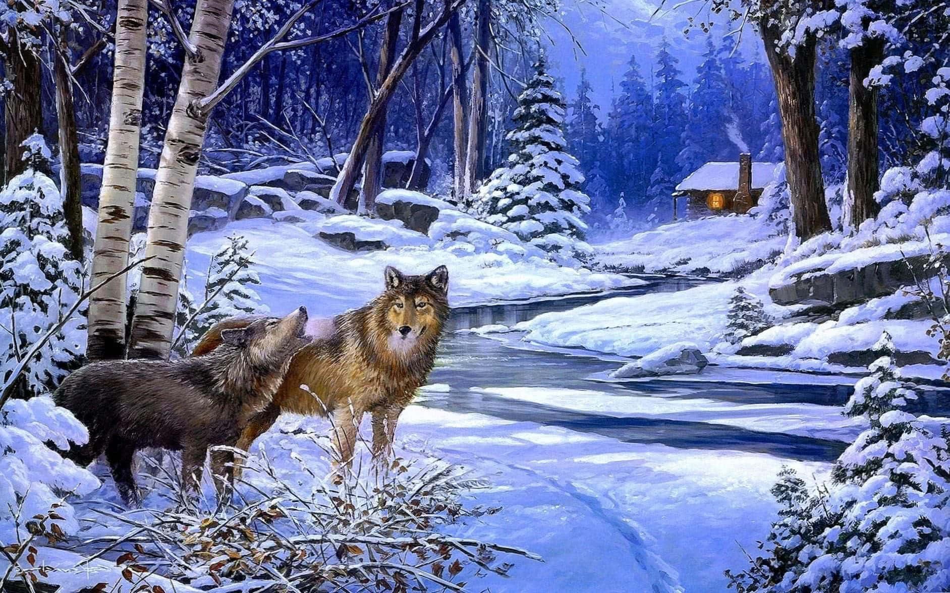 Majestic Wolf In Snowy Winter Landscape Wallpaper