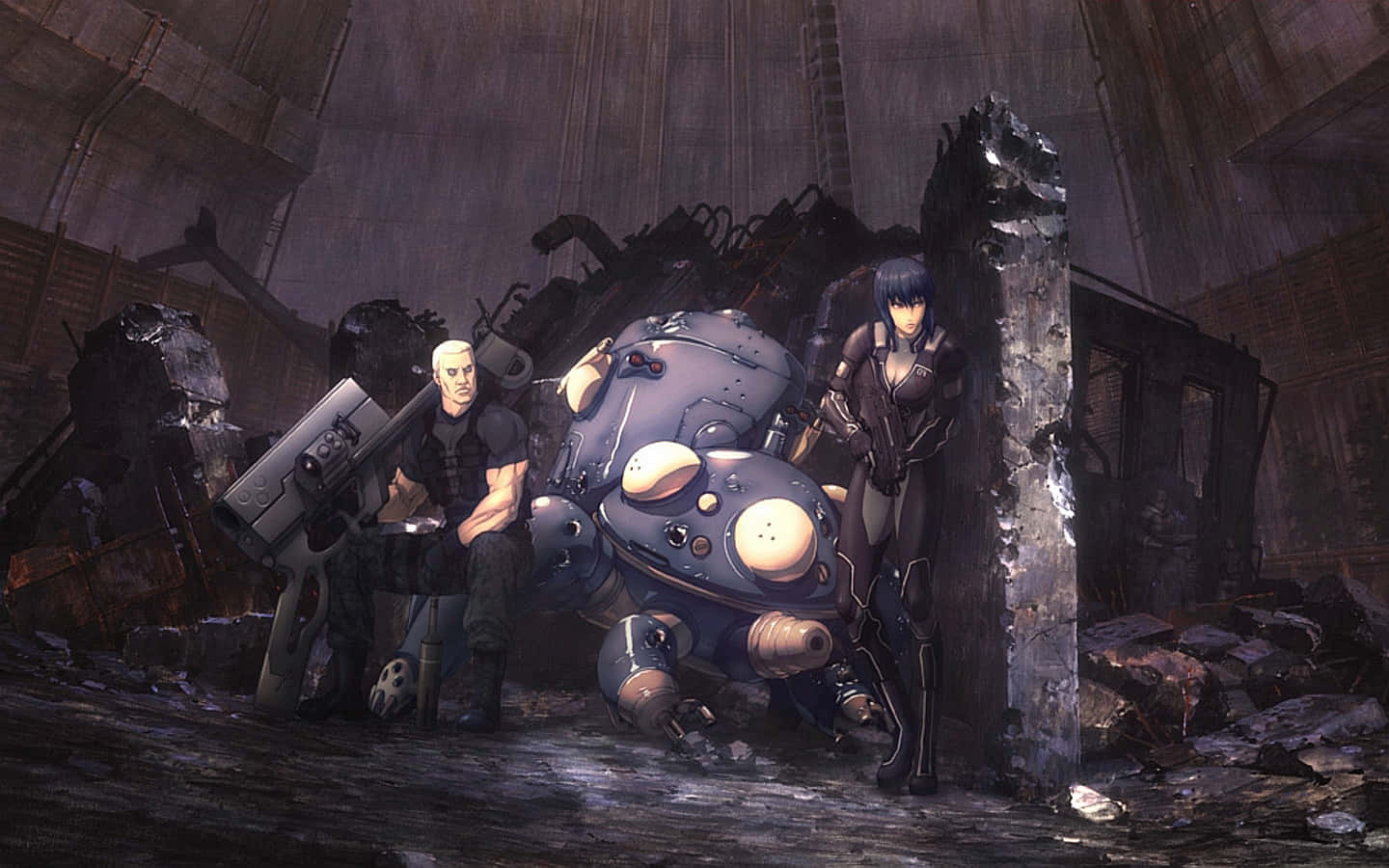 Major Motoko Kusanagi (left) Investigates Sergeant First-class Batou (right) In Ghost In The Shell. Wallpaper