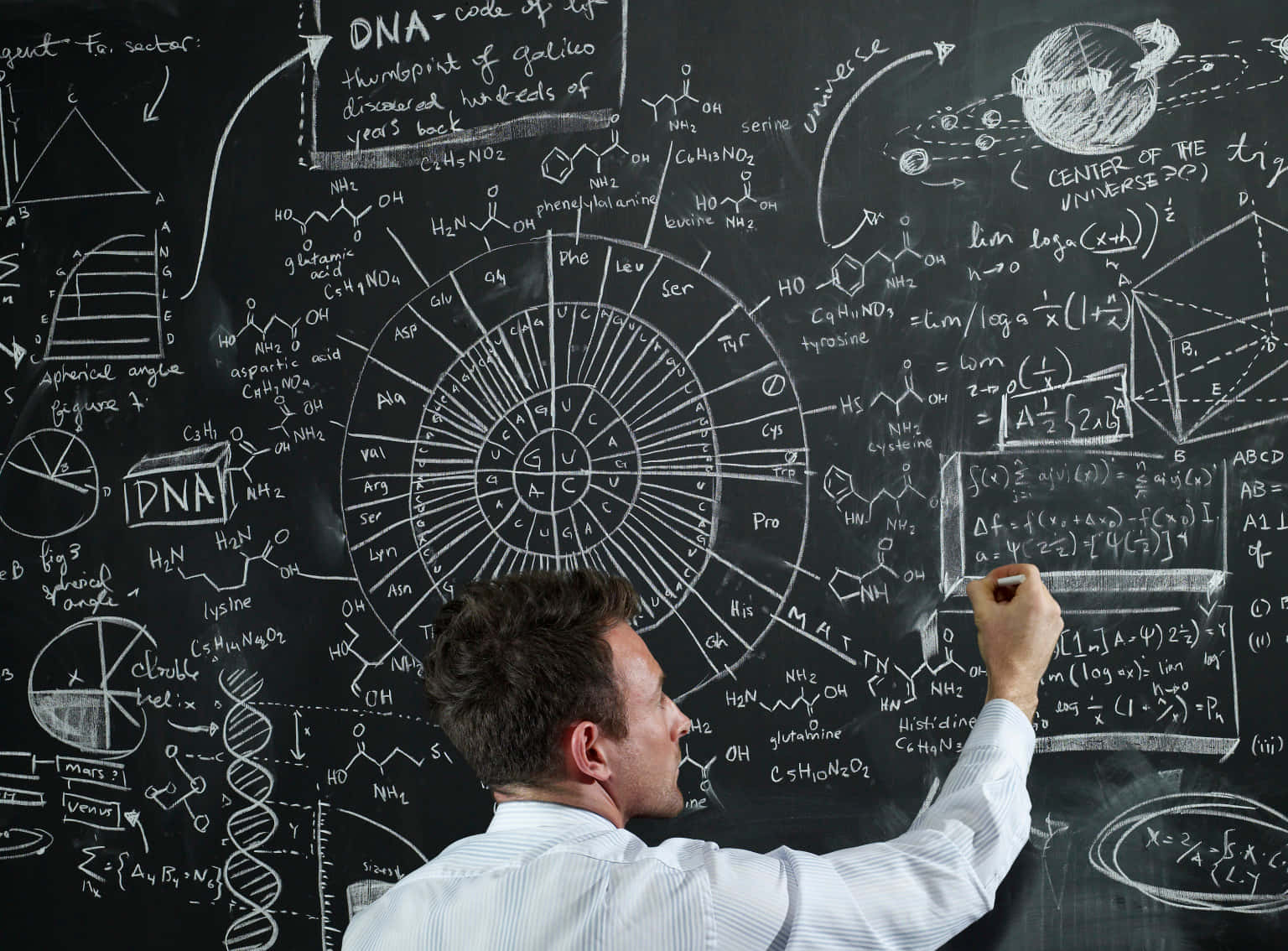 Man Writing Scientific Formulason Blackboard Wallpaper