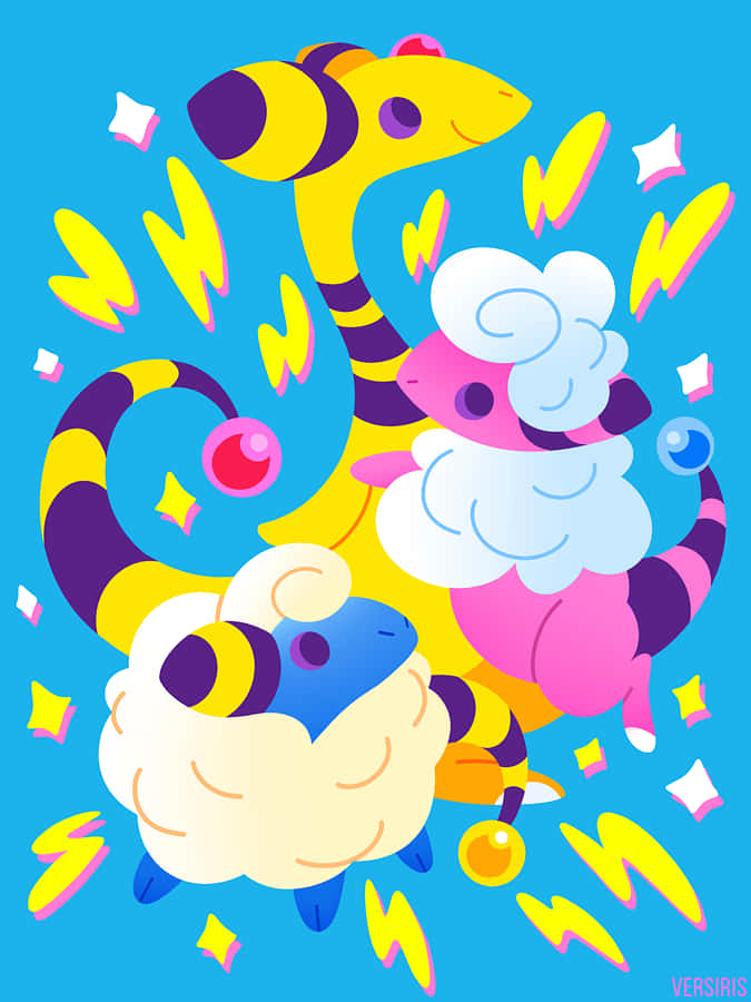 Mareep Flaaffy And Ampharos Poster Wallpaper