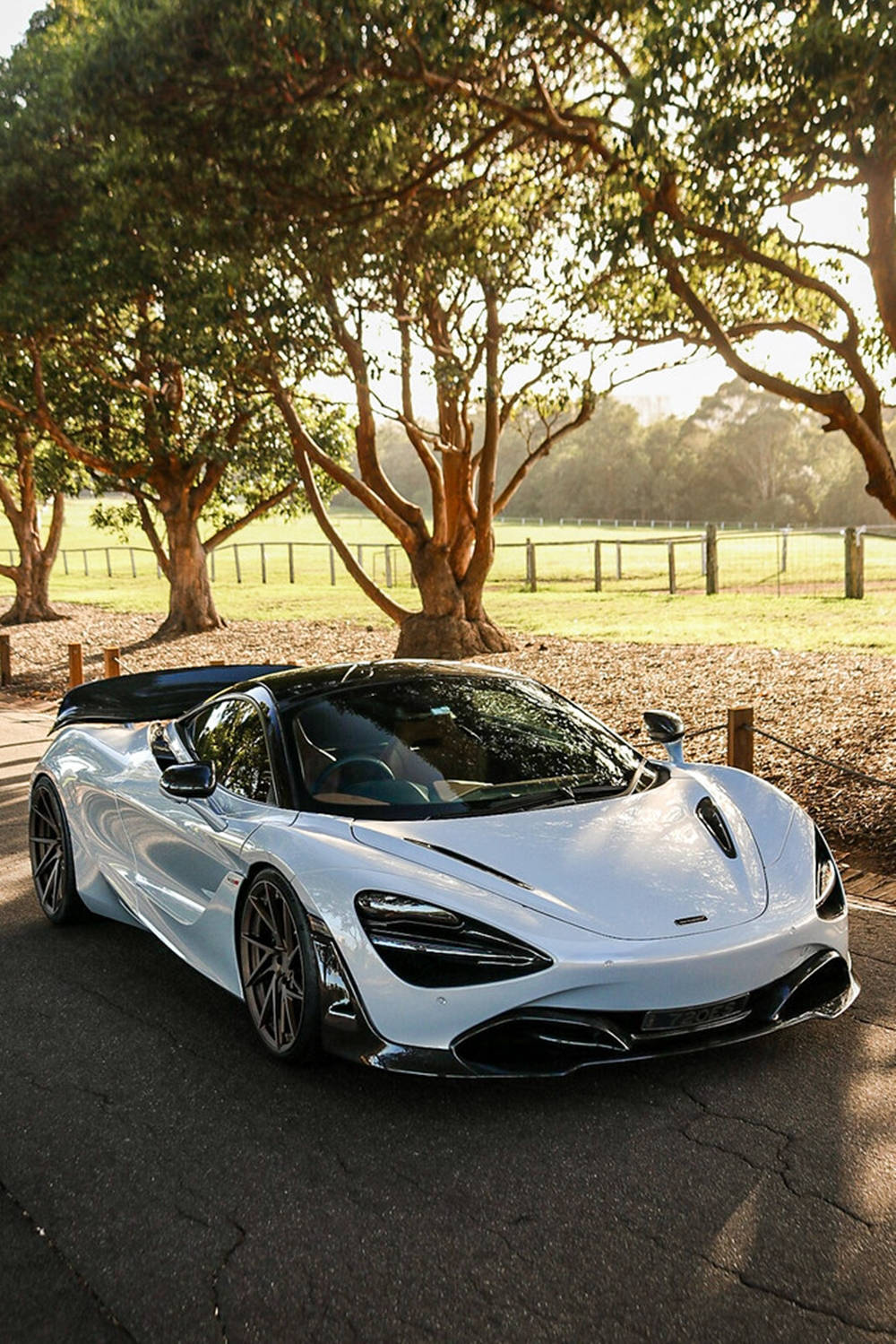 Mclaren 720s White Car By Trees Phone Wallpaper