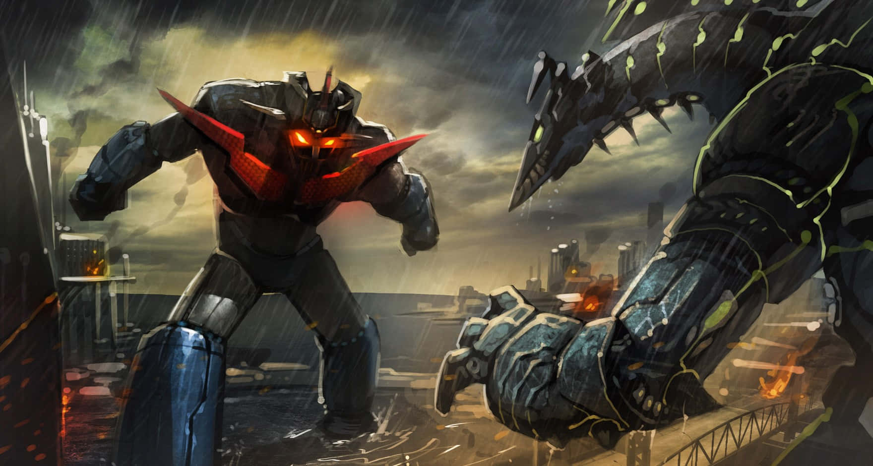 Mecha_ Showdown_in_ Rainy_ Cityscape Wallpaper