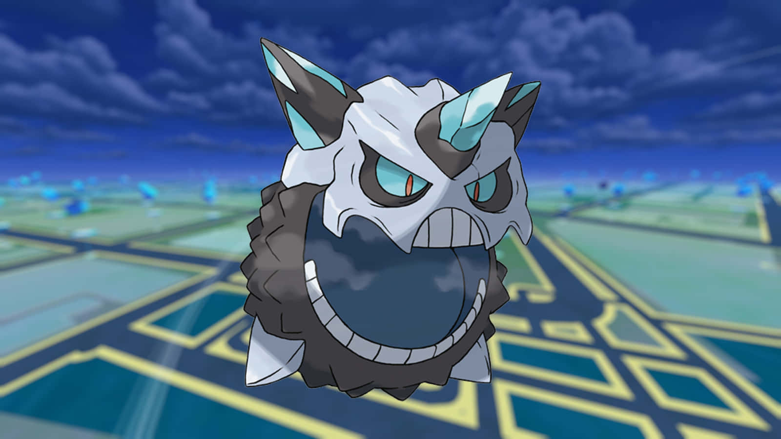 Mega Glalie With Blue City Backdrop Wallpaper