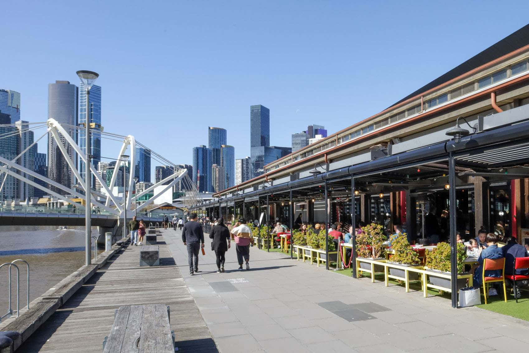 Melbourne South Wharf Promenade Diningand Cityscape Wallpaper