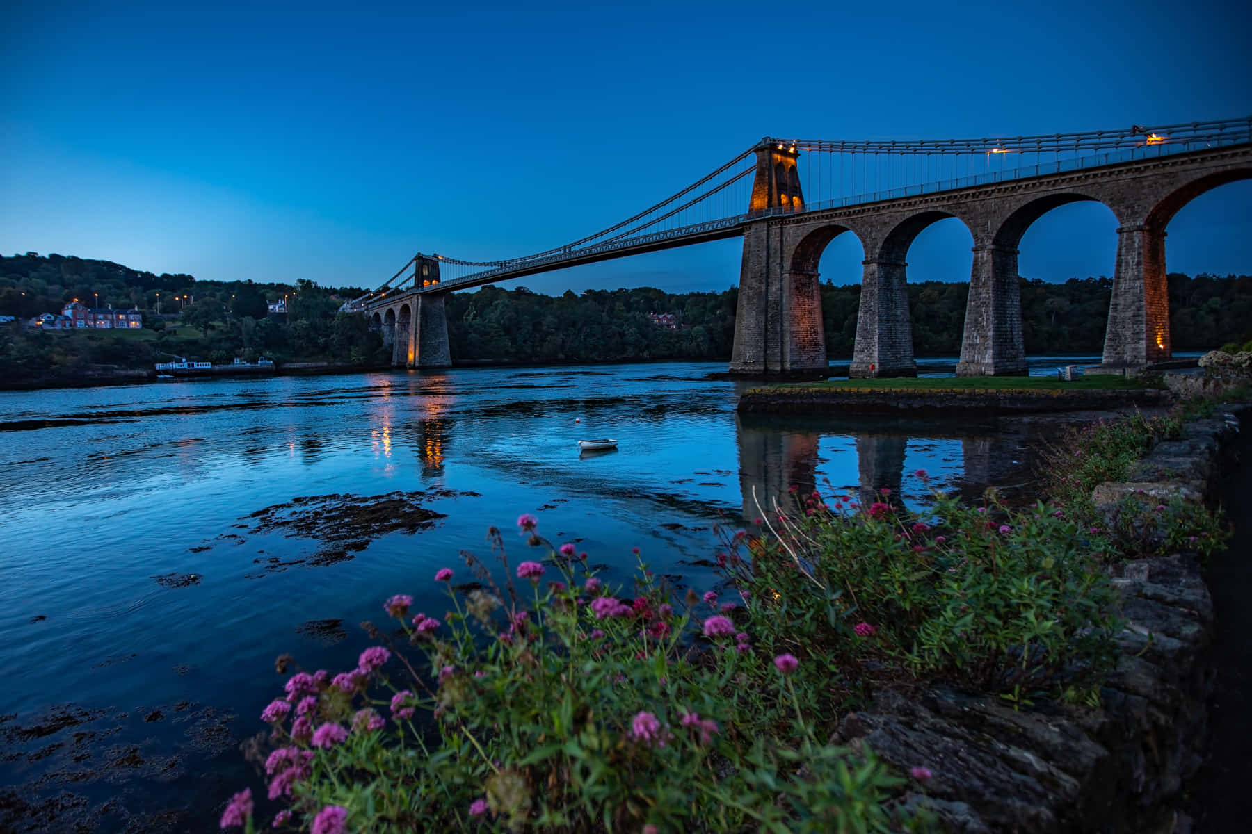 Menai Suspension Bridge Twilight Reflection Wallpaper