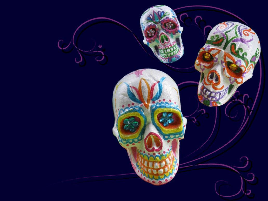 Mesmerizing 3d Sugar Skulls On Purple Background Wallpaper