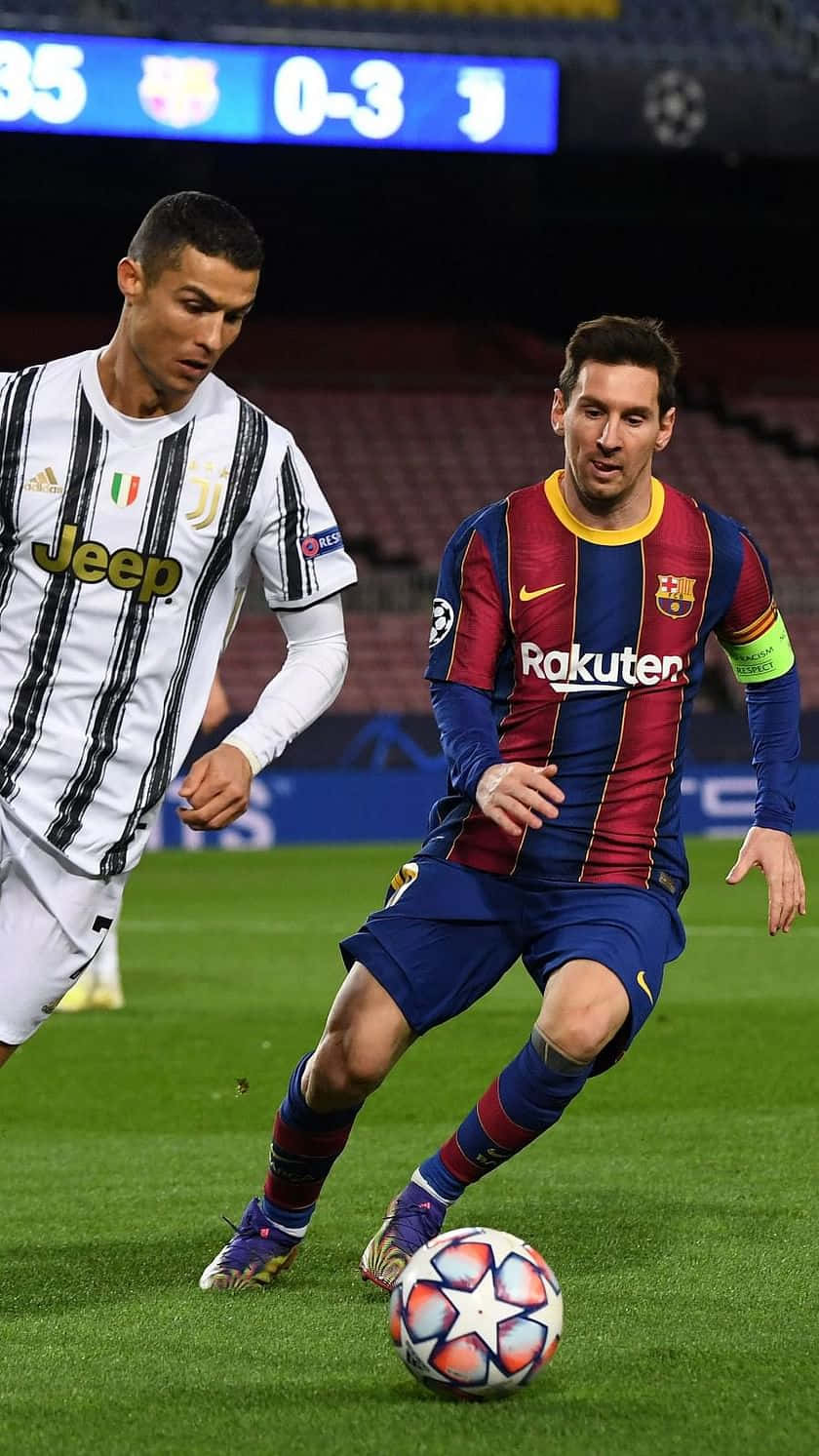 Messi Dribbling Past Defender Football Match Wallpaper