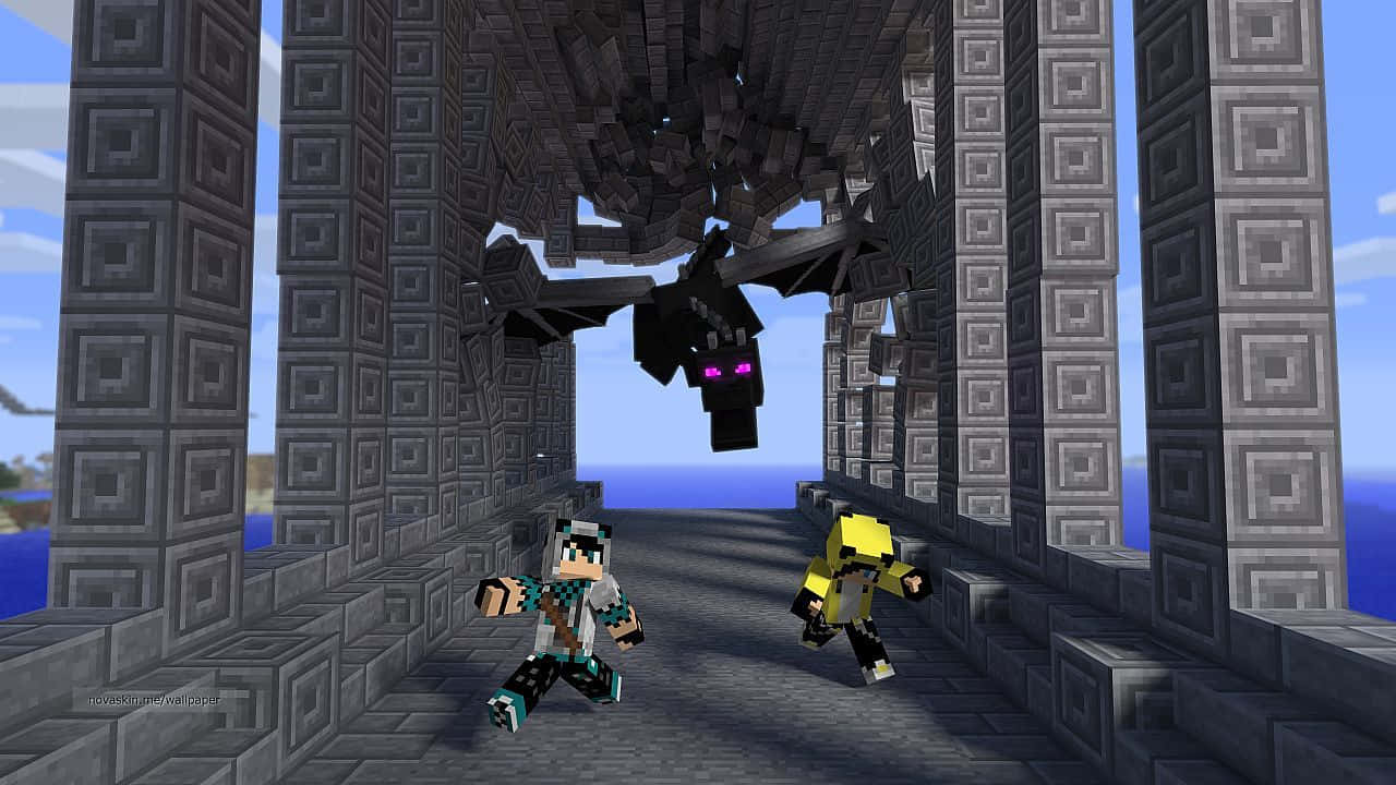 Minecraft Ender Dragon Chasing Two Characters Wallpaper