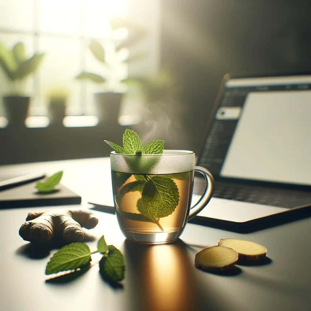 Mint Infused Tea Work Desk Setting Wallpaper