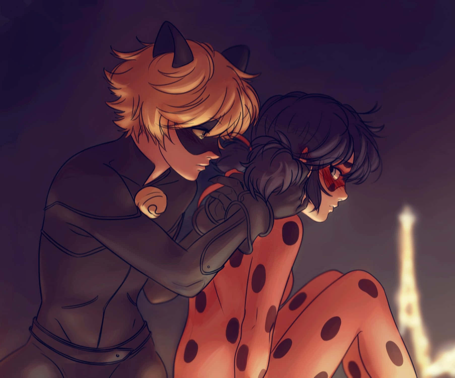 Miraculous Ladybugand Cat Noir Rooftop Moment Wallpaper