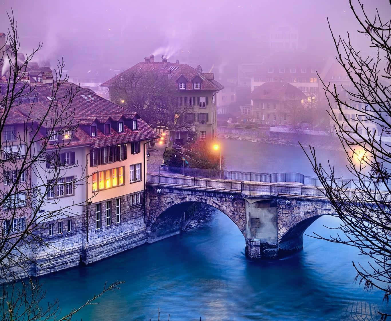 Misty Bern Bridgeat Twilight Wallpaper