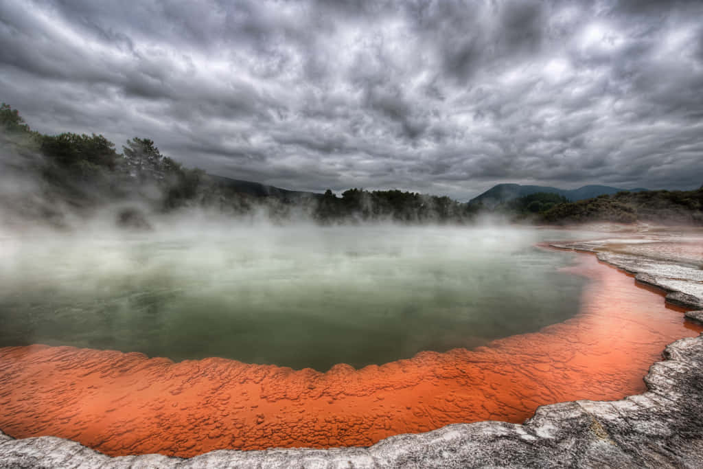 Misty_ Geothermal_ Spring_ Stormy_ Sky Wallpaper