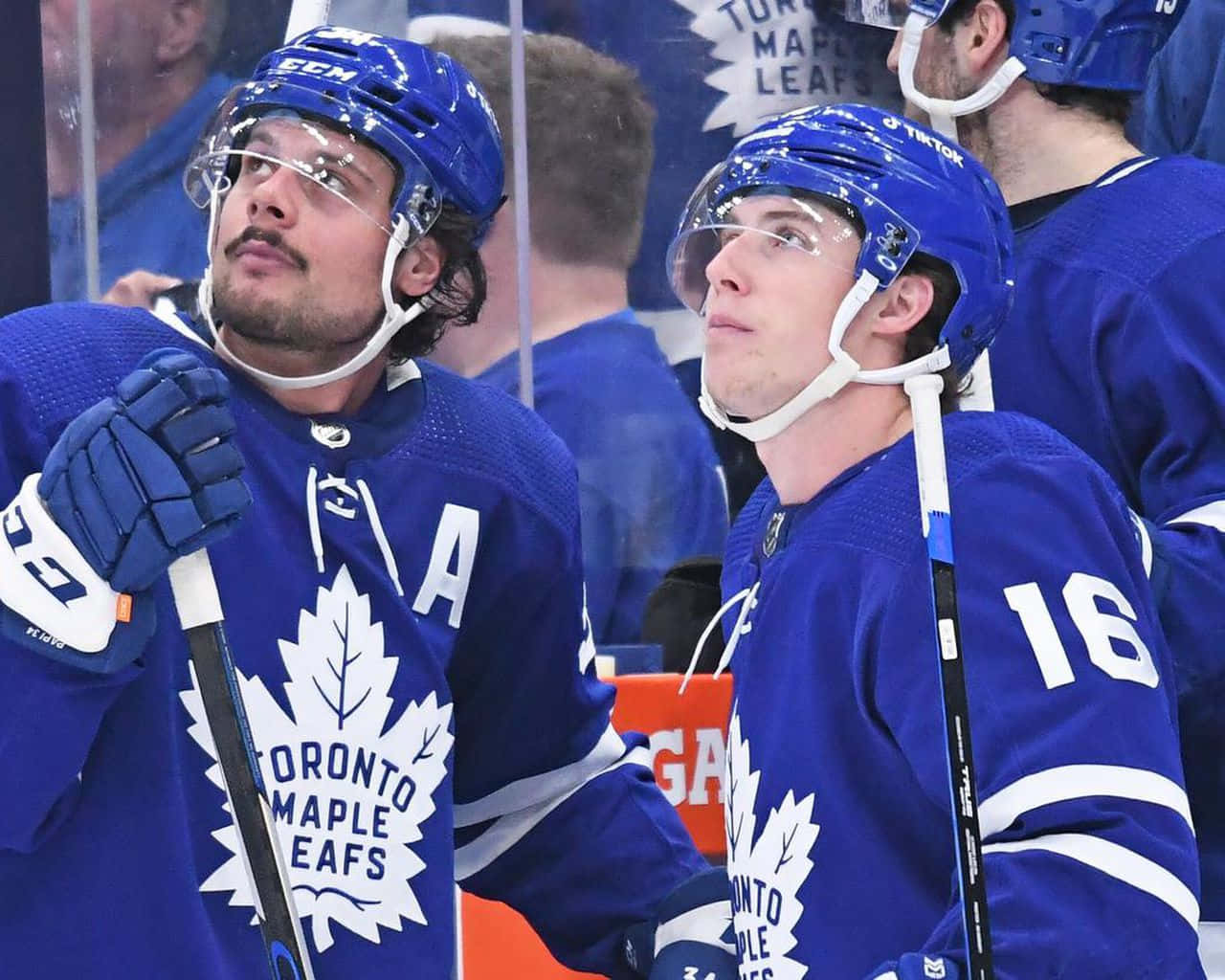 Mitchell Marner And Auston Matthews In Action With The Toronto Maple Leafs Wallpaper