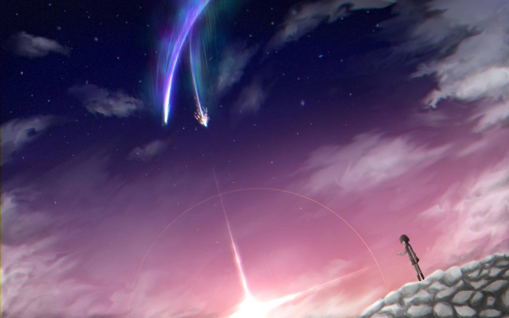 Mitsuha And The Splitting Comet From The Movie 'your Name' Wallpaper