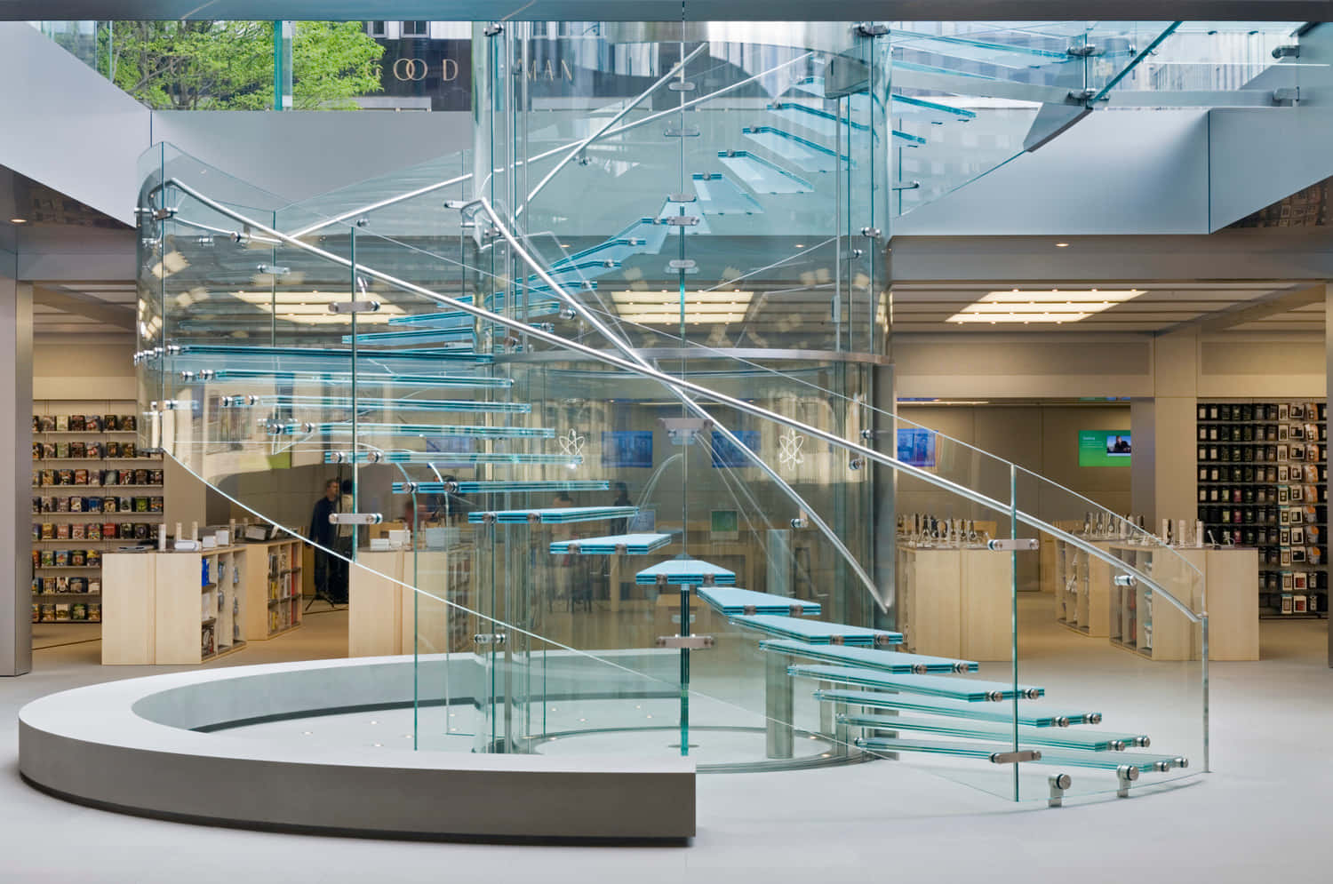 Modern Apple Store Interiorwith Glass Staircase Wallpaper