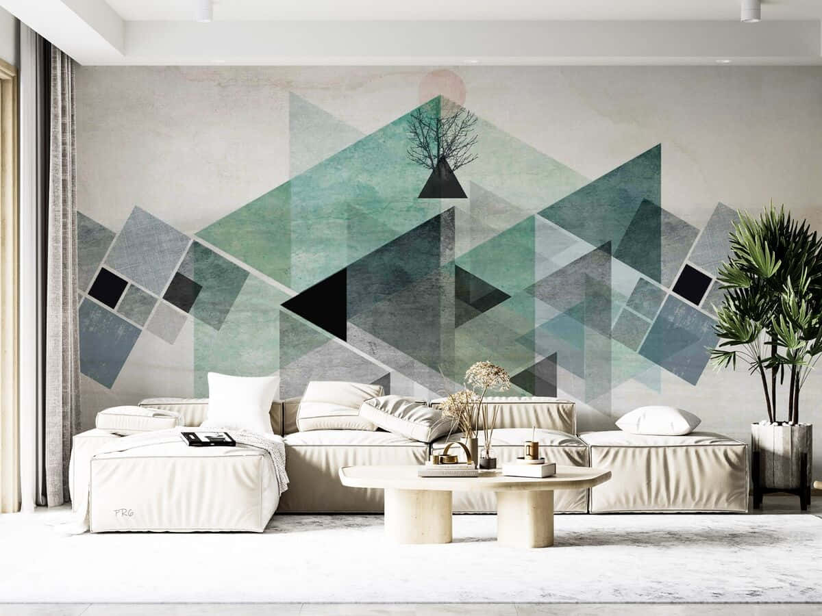 Modern Living Roomwith Abstract Triangle Wall Art Wallpaper