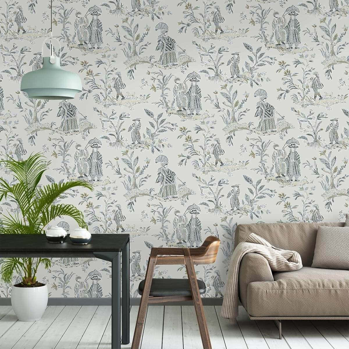 Modern Living Roomwith Botanical Wallpaper Wallpaper