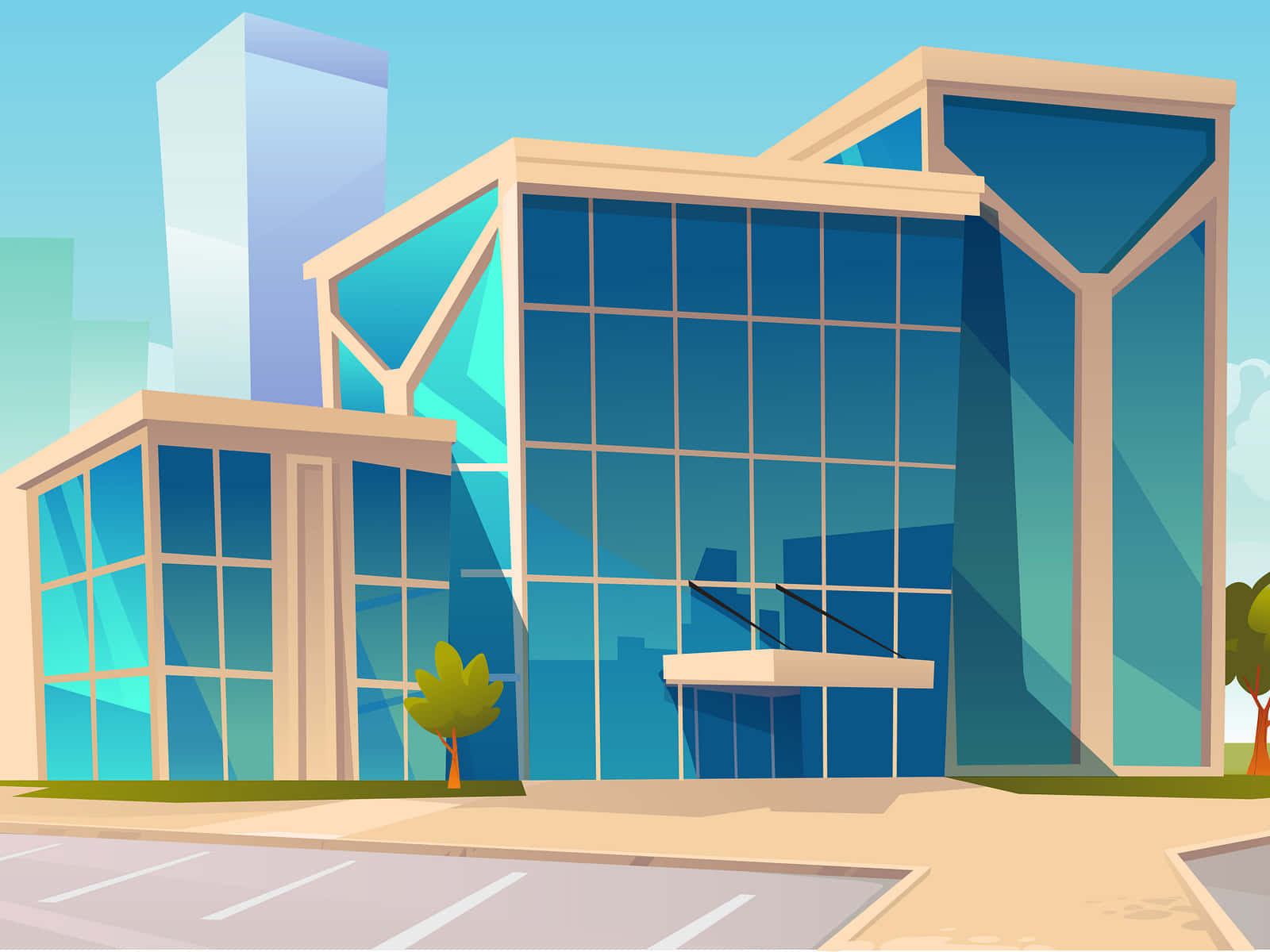 Modern Office Building Cartoon Illustration Wallpaper