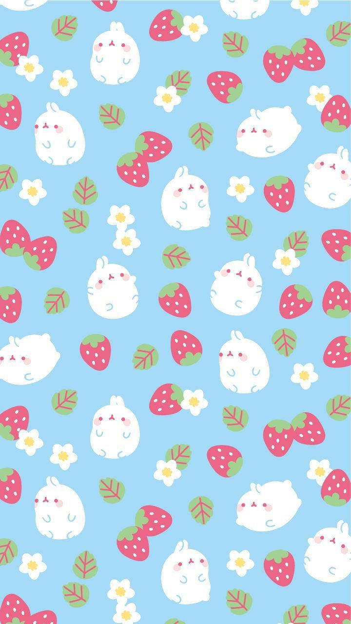 Molang Enjoying A Giant Strawberry In Kawaii Style Wallpaper