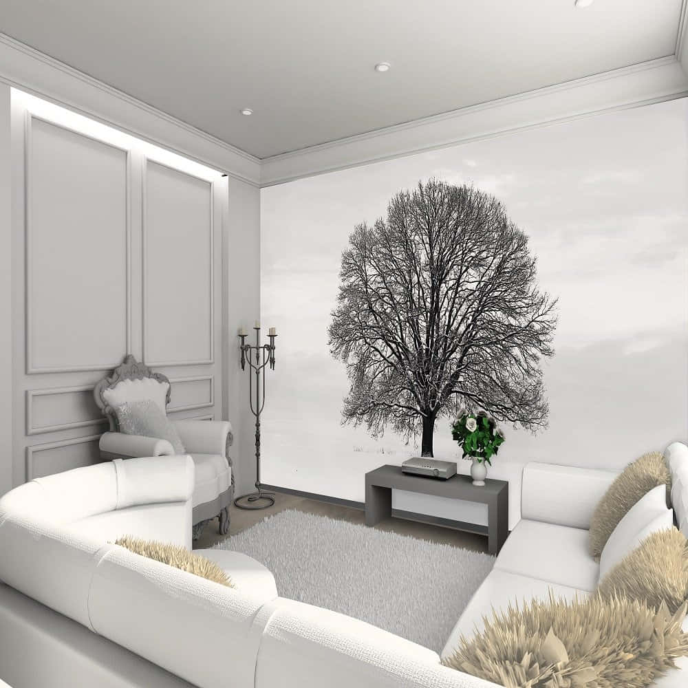 Monochrome Living Roomwith Tree Mural Wallpaper