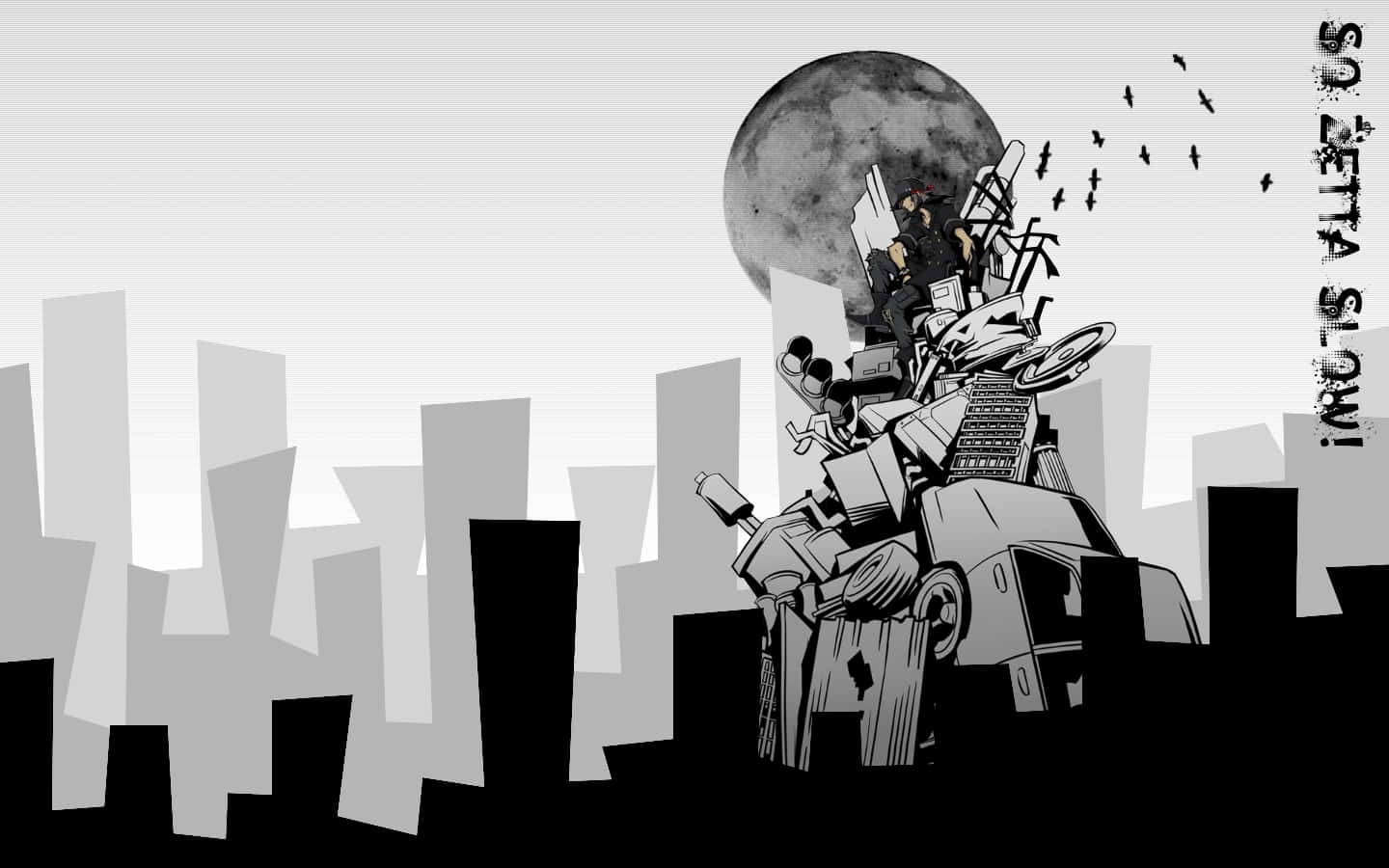 Monochrome_ Mech_ Cityscape Wallpaper