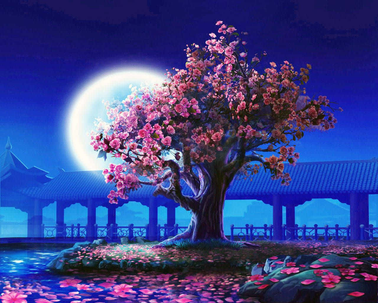 Moonlit Cherry Blossom Pavilion Wallpaper