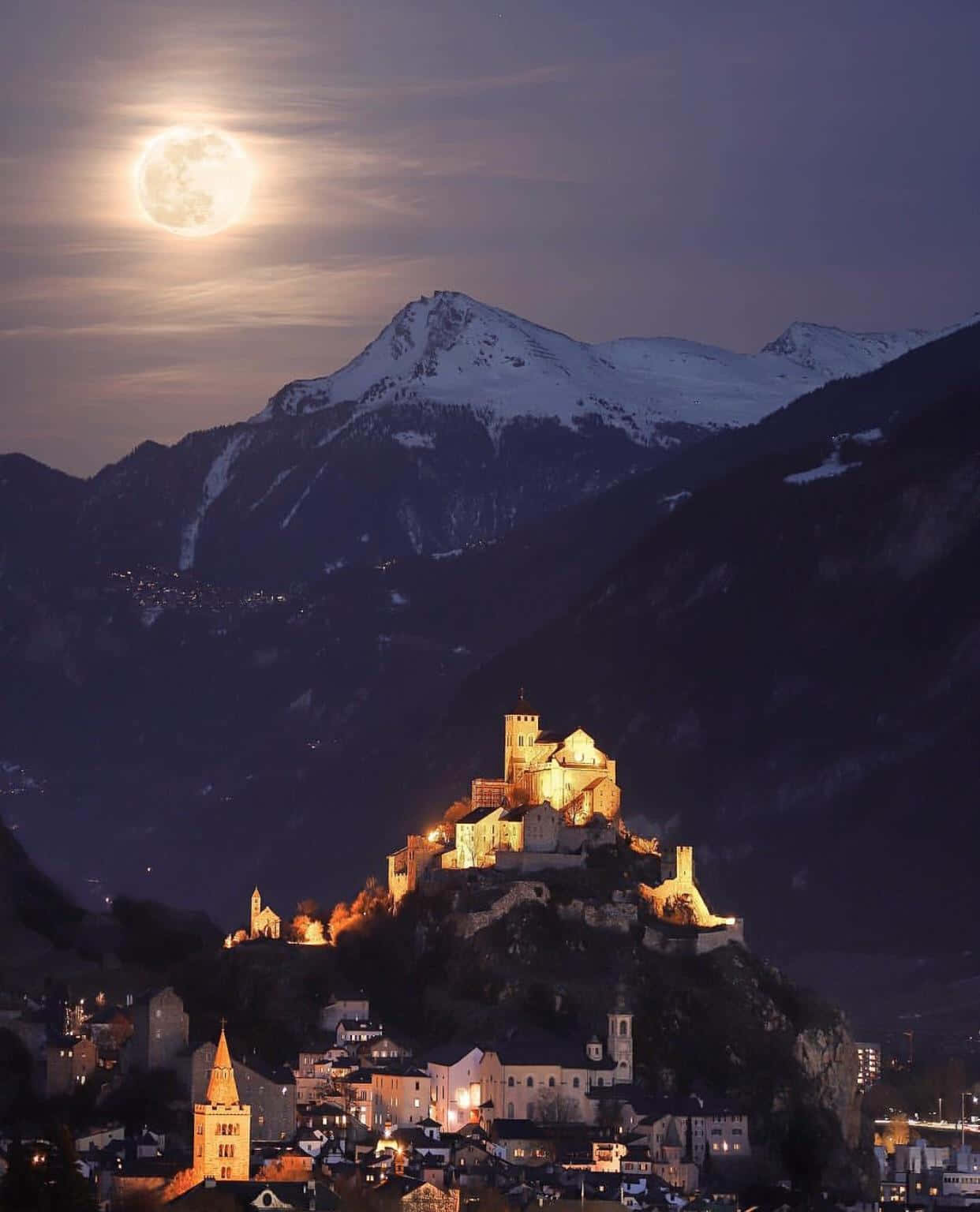 Moonlit Sion Castle Switzerland Wallpaper