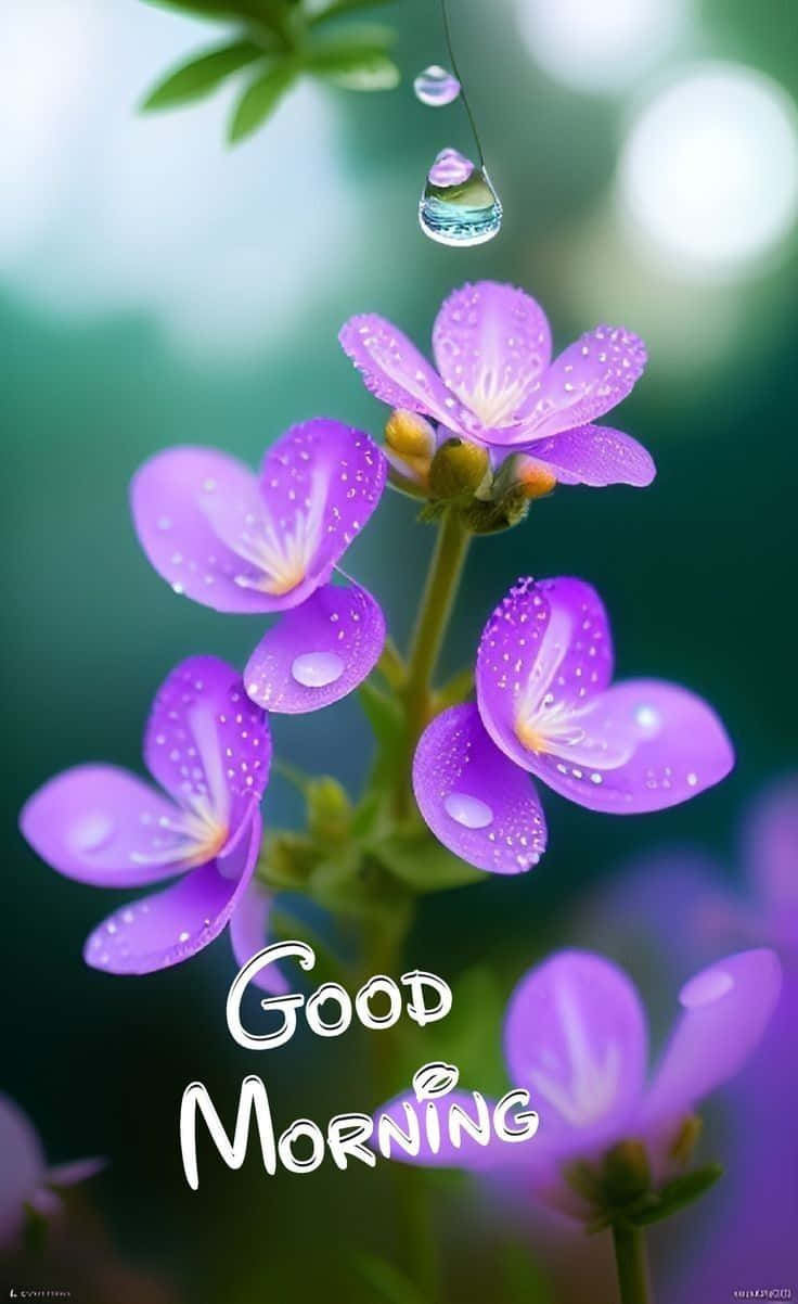 Morning Dewon Purple Flowers Greeting Wallpaper