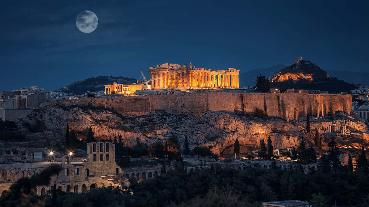 Mount Lycabettus Moon Night Sky Wallpaper