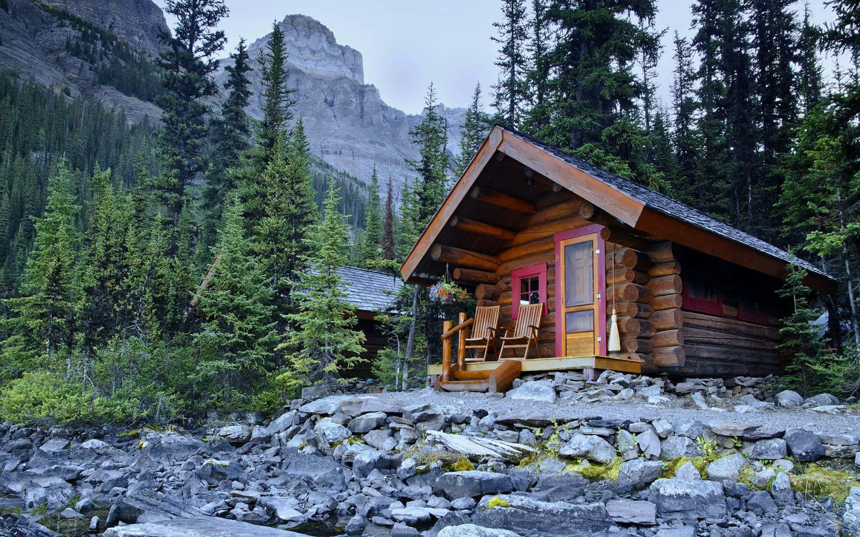 Mountain Forest Log Cabin Wallpaper