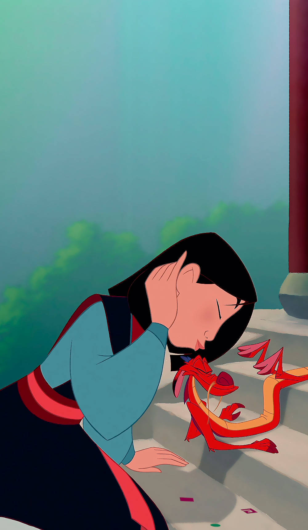 Mulan And Mushu Share A Loving Moment Wallpaper