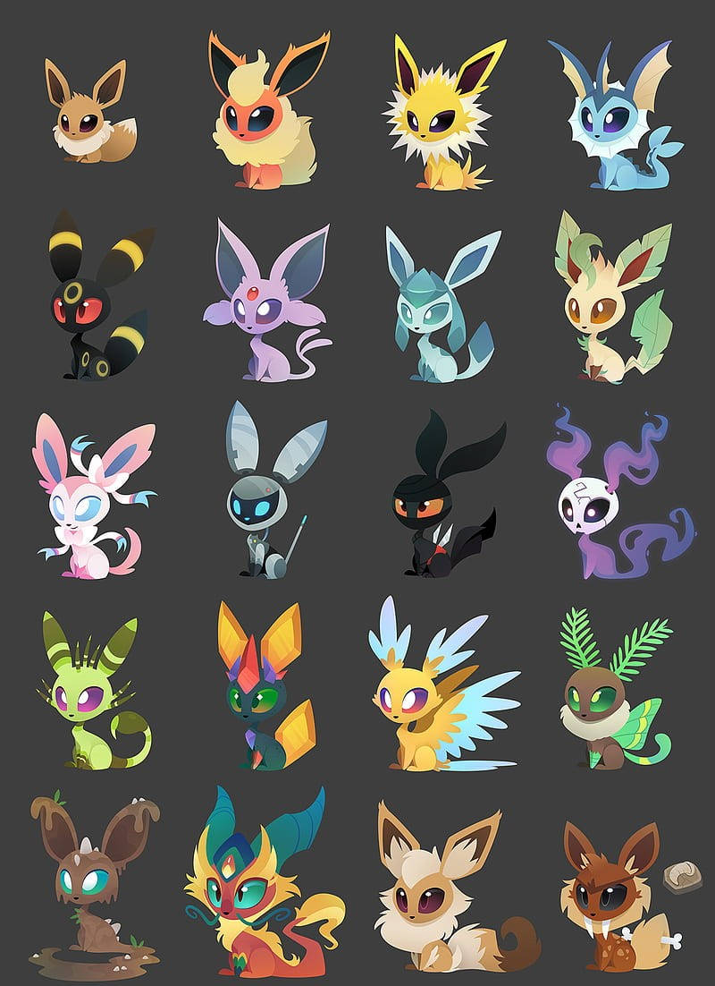 Multiple Cute Eeveelutions Gray Wallpaper