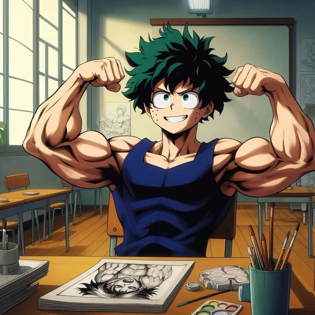 Muscled Anime Character Flexing Wallpaper