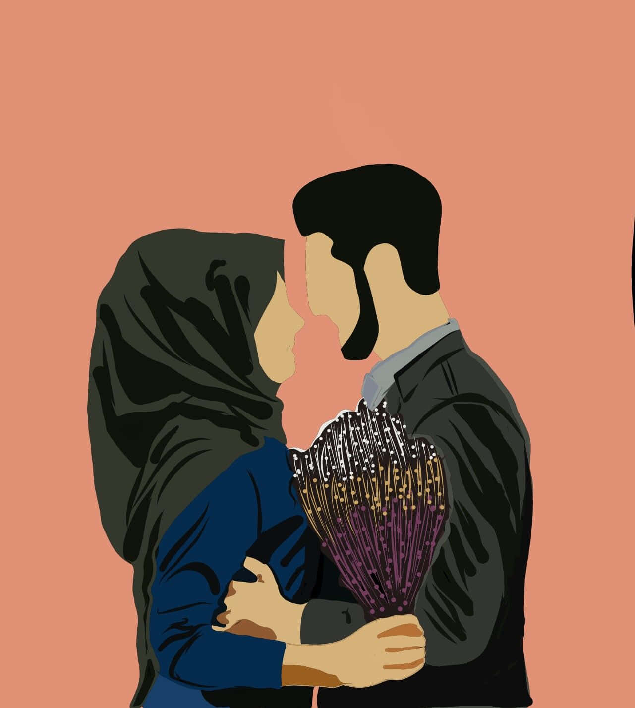 Muslim Couple Embrace Cartoon Wallpaper