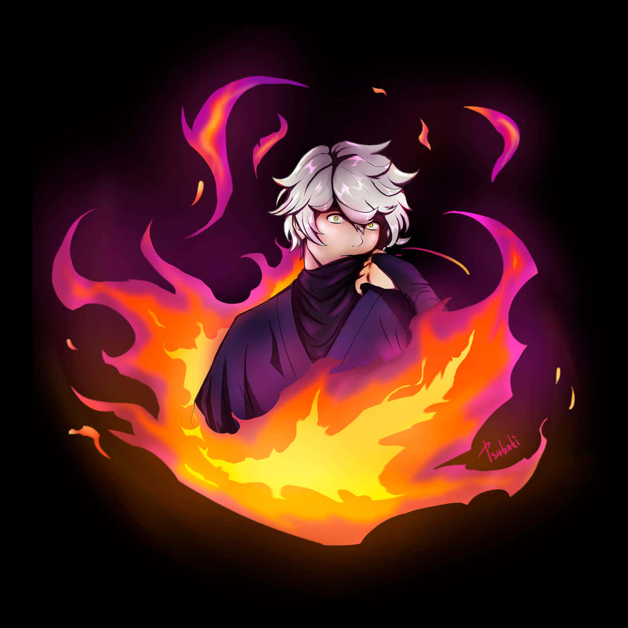 Mysterious Figure Flames Artwork Wallpaper