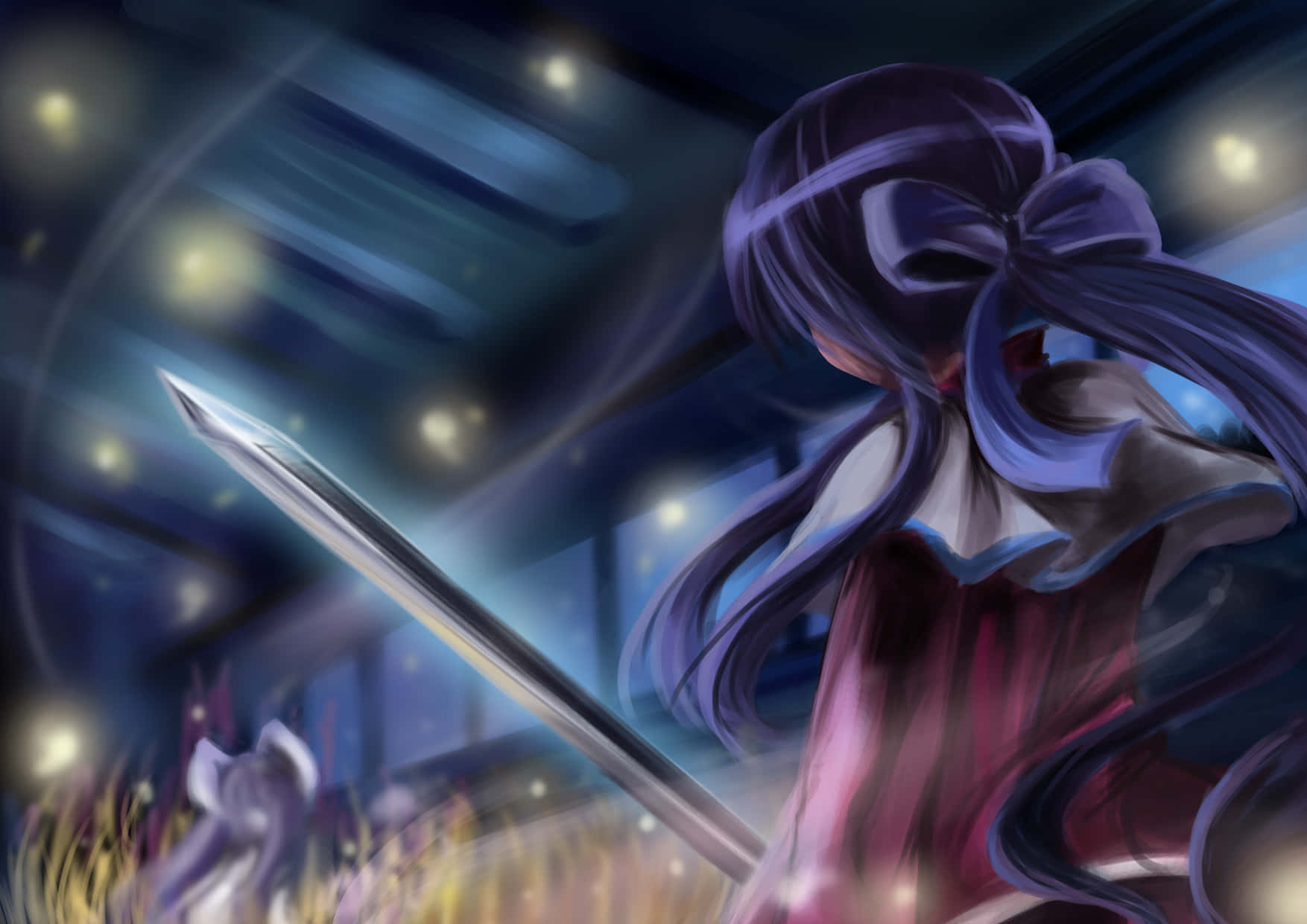 Mysterious Swordswoman Night Battle Wallpaper